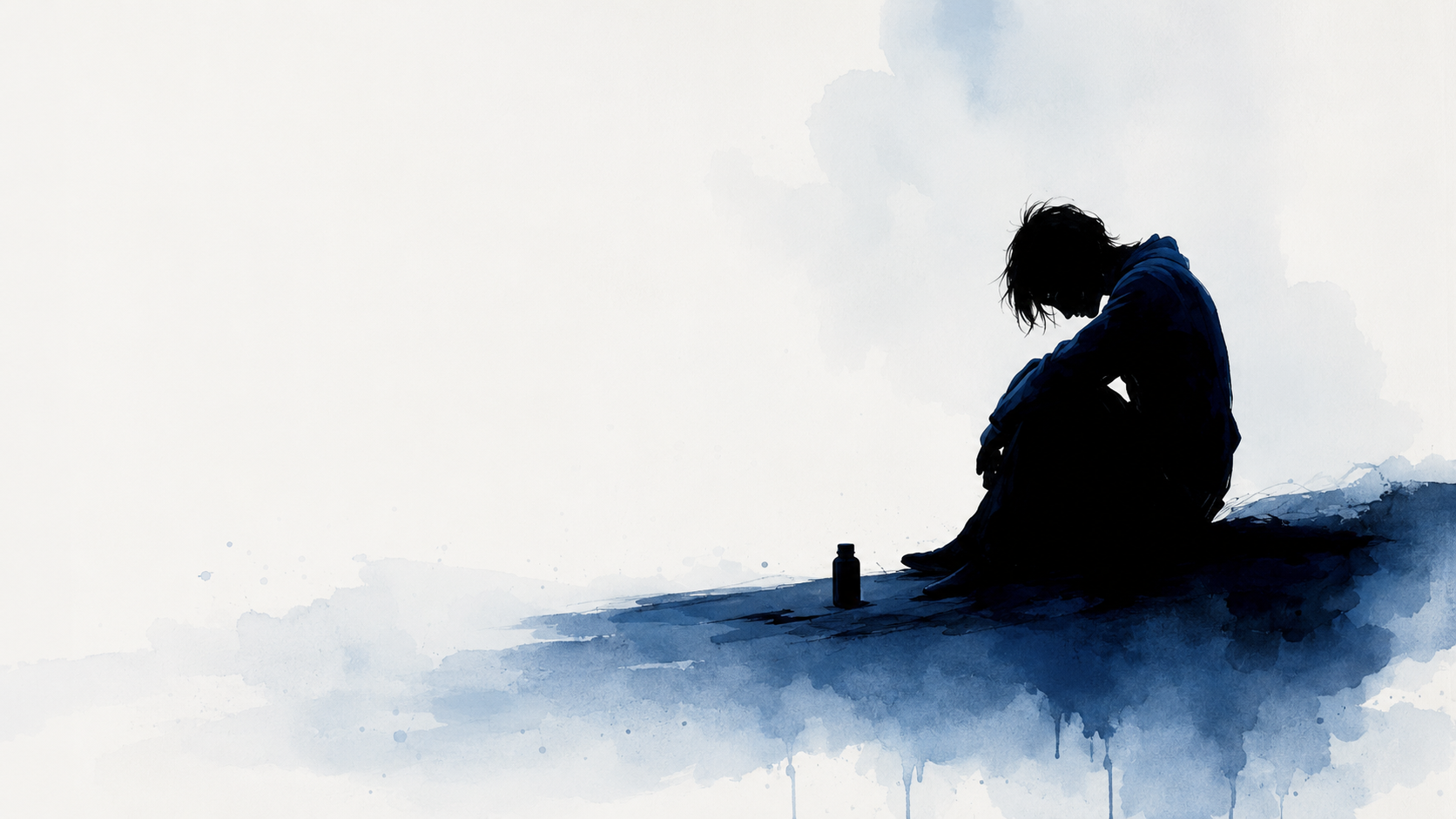 Blue watercolor illustration of a person feeling helpless at a computer