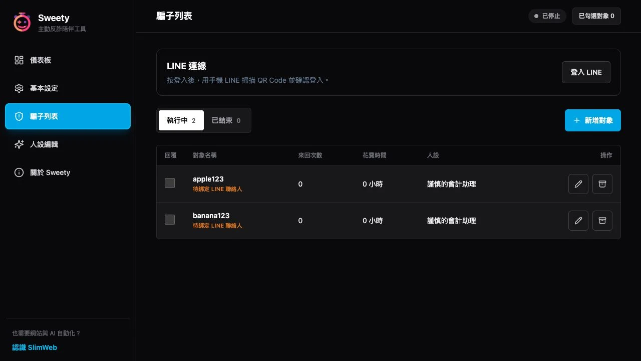 Sweety 2.0 — LINE connection and monitored targets